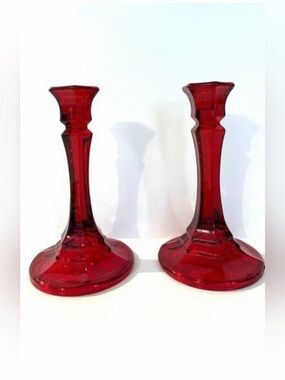 Vintage Indiana Red Glass Candlestick Holders - Pair
